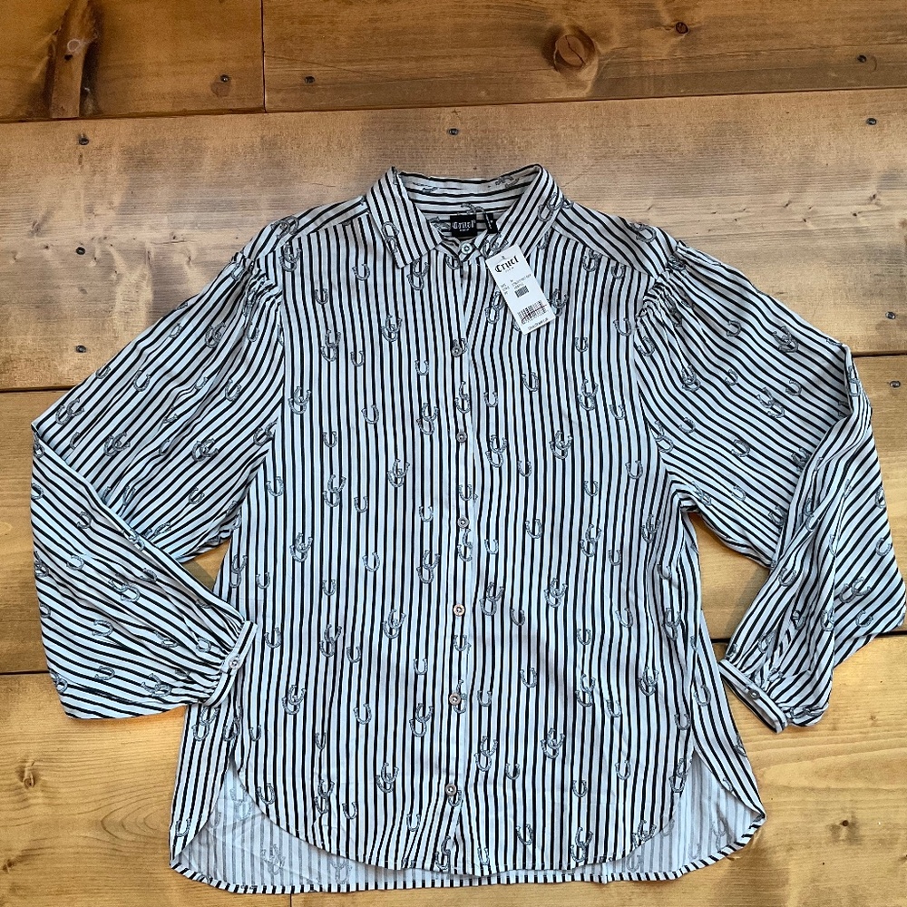 CRUEL DENIM HORSESHOE PRINT FLOWY GATHERED RAYON WESTERN COWGIRL BLOUSE NWT